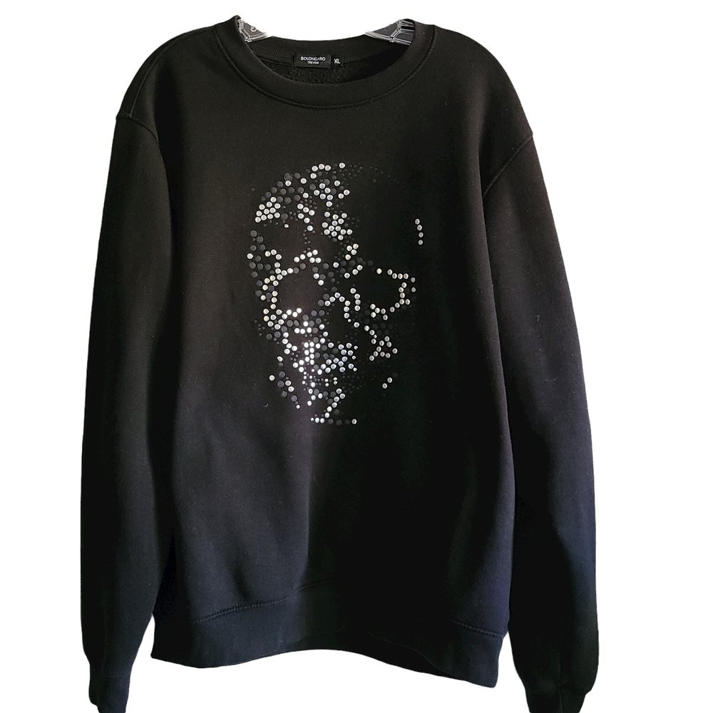 BOLONGARO Trevor Black Studded Skull Fleece Crew Neck Sweatshirt Men's Size XL